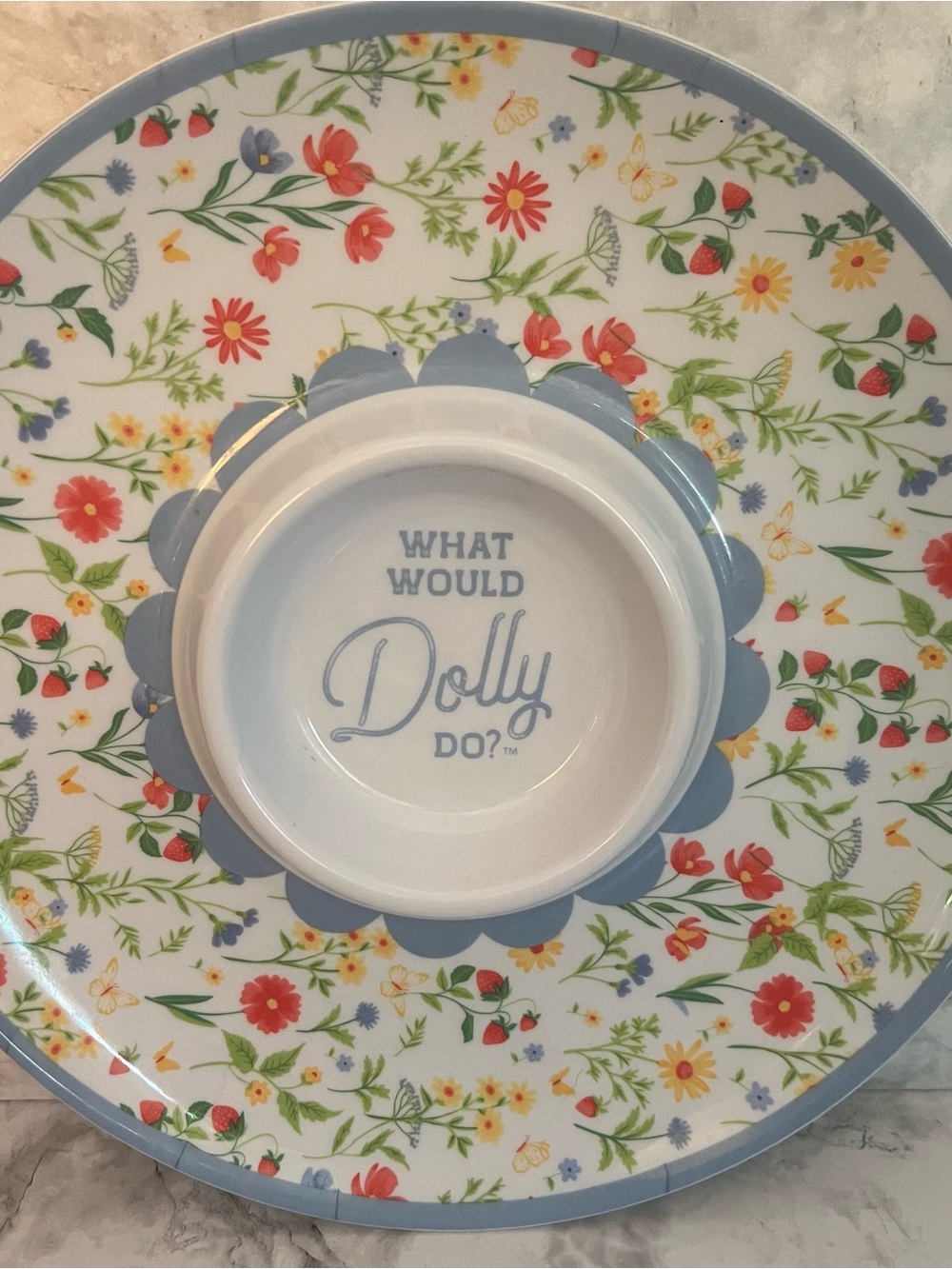 Dolly Parton Floral Serving Platter with Blue Trim and Center Bowl